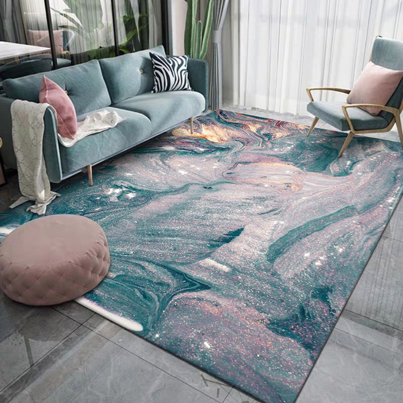 Green and Blue Bedroom Rug Modern Abstract Seawater Pattern Area Rug Polyester Pet Friendly Washable Carpet