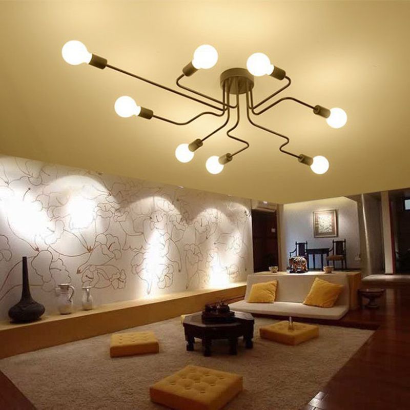 Industrial Vintage Radial Semi Flush Mount Lacquered Iron Ceiling Light in Black