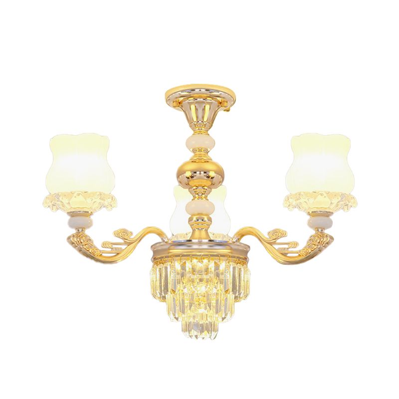 Cream Glass Flower Ceiling Flush Modern 3/6 Lights Bedroom Crystal Semi Flush Light in Gold
