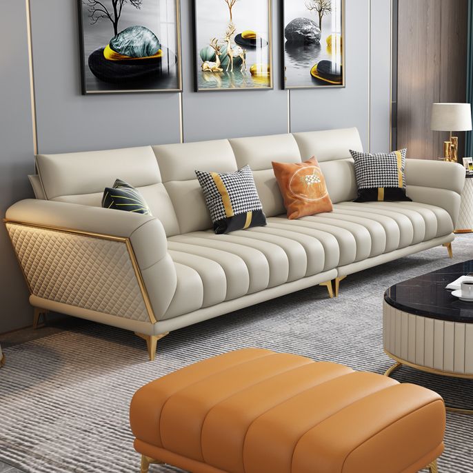 Solid Wood Glam Genuine Leather Flared Arm Sofa with Pillows