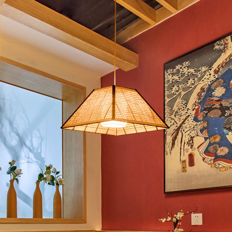 Japanese Gridded Pyramid Pendant Lamp Bamboo 1 Head Restaurant Suspension Lighting with Inner White Fabric Shade