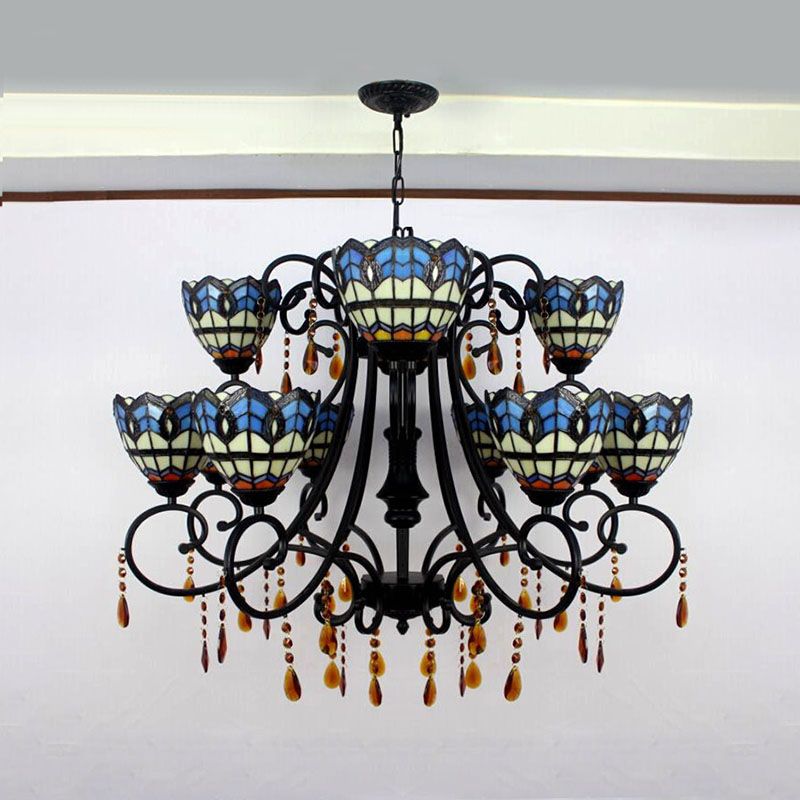 Bowl-Shaped Hanging Light Rustic Stained Glass 11 Lights Chandelier with Crystal in Blue for Dining Room
