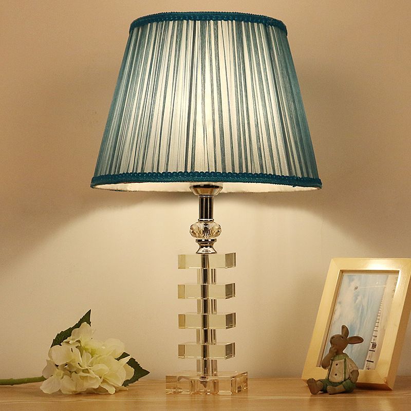 1 Light Barrel Table Lamp Traditionalism Blue Fabric Night Light with Clear Crystal Base