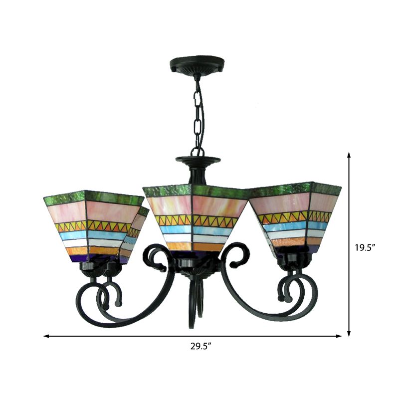 Pink Pyramid Pendant Light Tiffany Stained Glass 6 Lights Creative Chandelier with Chain for Bedroom