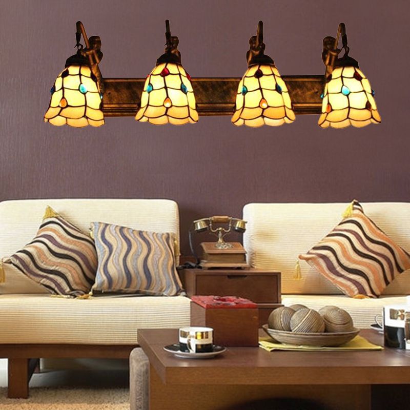 4 Lights Grid Patterned Sconce Light Tiffany Beige Glass Wall Mount Light Fixture