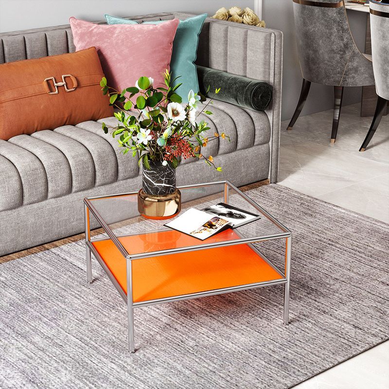 Contemporary Square Coffee Table with Shelf and Glass Top and Steel 4 Legs