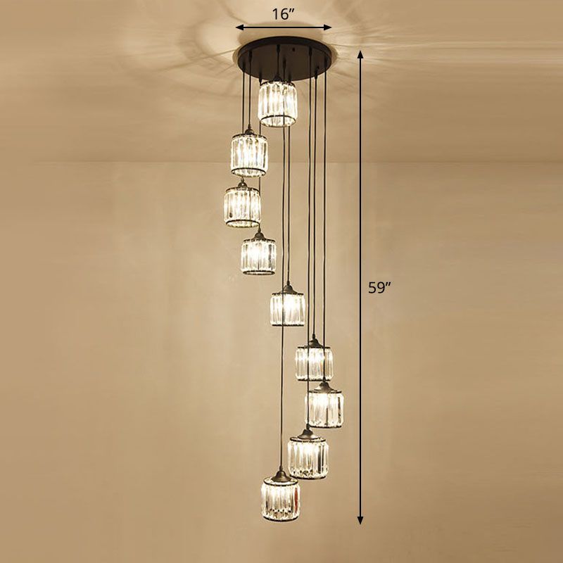 Modern Drum Multi Light Pendant Tri-Prism Crystal Staircase Hanging Lighting in Black
