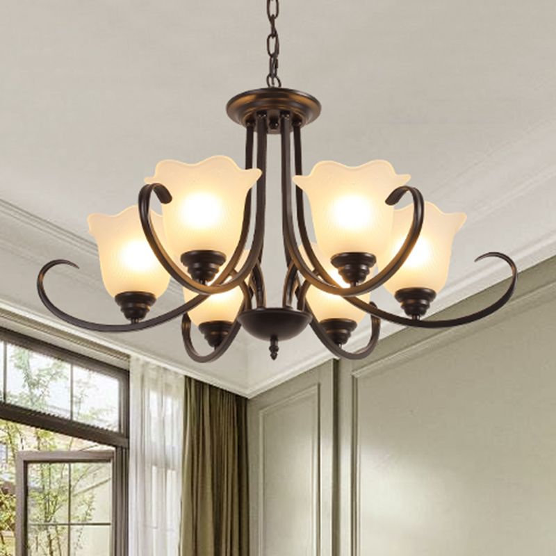 Retro Style Floral Shade Chandelier Light Frosted Glass Pendant Light Fixture with Curved Arm