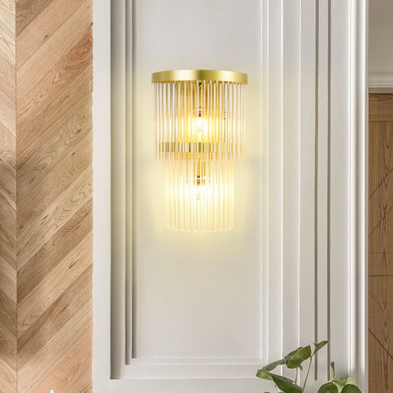2 Bulbs Half Cylinder Wall Sconce Traditional Gold Clear Crystal LED Wall Light for Living Room