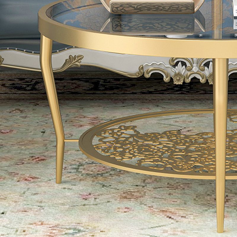 Contemporary Round Glass Top Coffee Table with Iron 4 Legs and Shelf