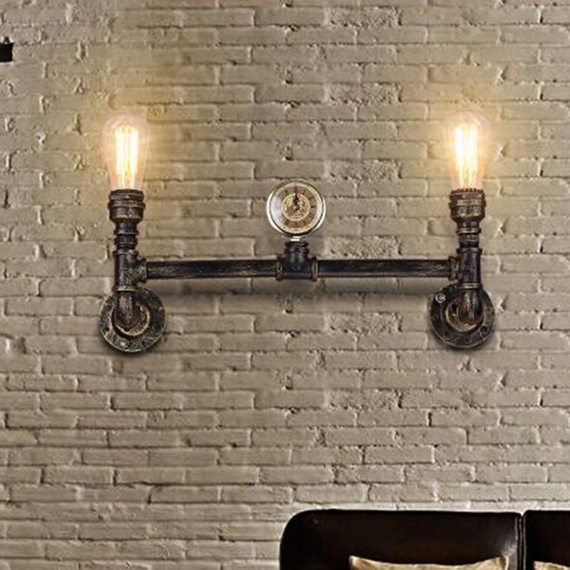 Iron Bronze Finish Wall Mount Lamp Bare Bulb 2-Head Antiqued Sconce Lighting with Gauge Deco