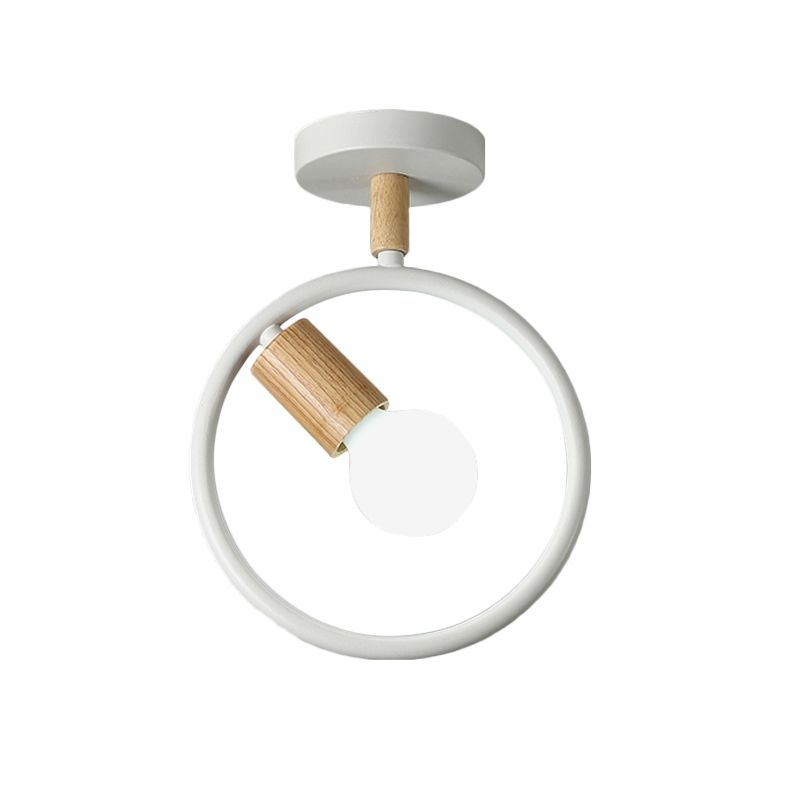 Circle Metal Flushmount Lighting Simple 1 Bulb Grey/Green/White Semi Close to Ceiling Lamp with Tube Wood Arm