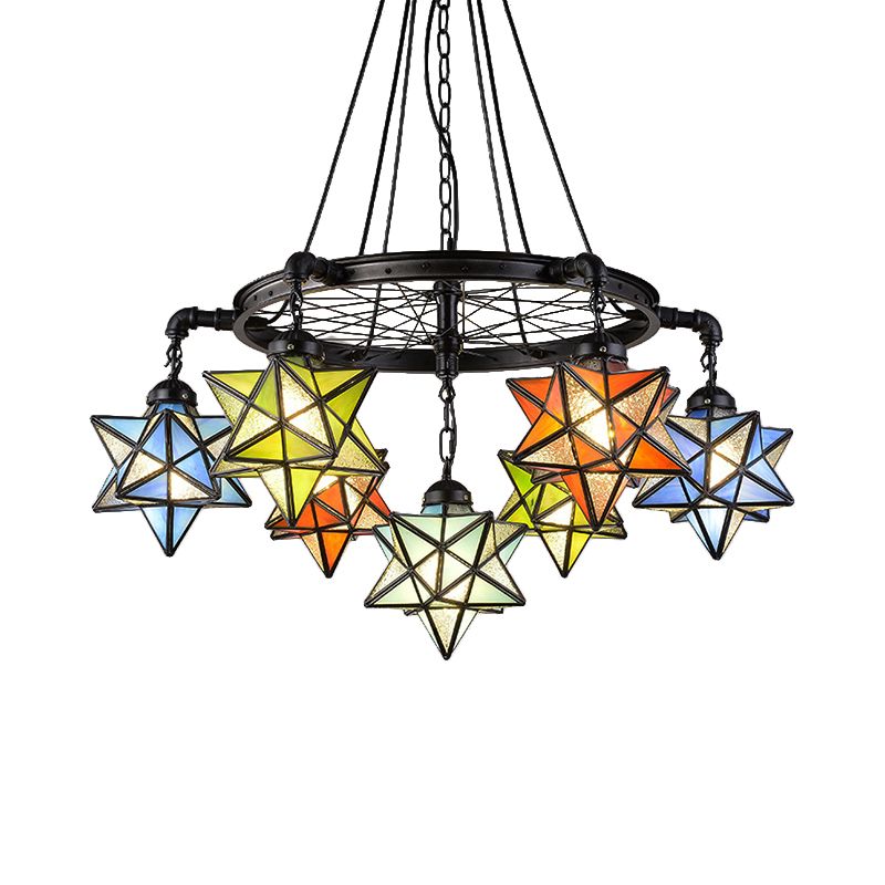 Tiffany Rustic Star Chandelier with Black Wheel 7 Lights Stained Glass Drop Ceiling Light for Library