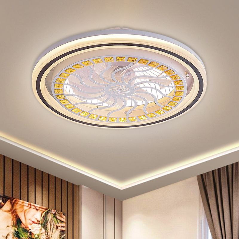 21.5' W LED Crystal Blocks Hanging Fan Lamp Contemporary White Round Dinning Room Semi Flush Light with 7 Blades