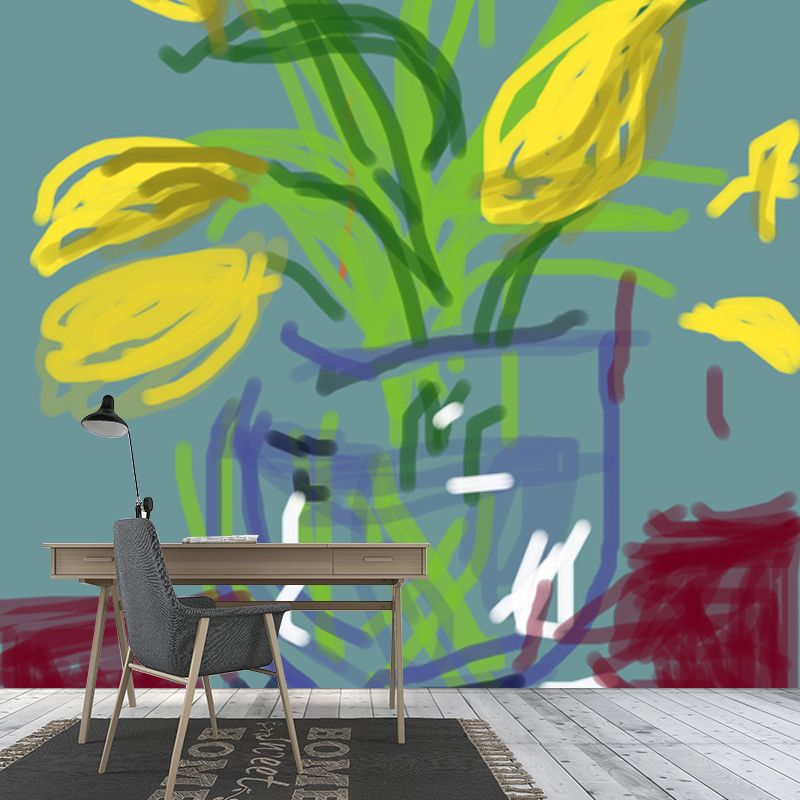 Large Still Life Flower Mural in Yellow-Green Non-Woven Wall Decor, Washable, Made to Measure