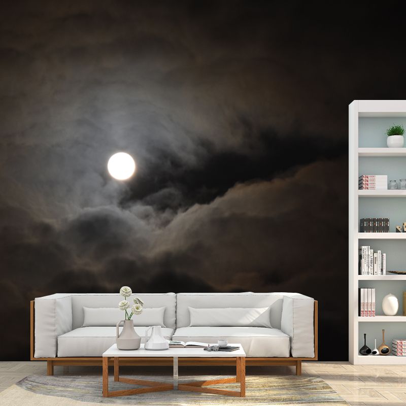 Huge Cloudy Moon Night Mural Grey-Black Non-Woven Wall Decor, Stain Resistant, Custom Size