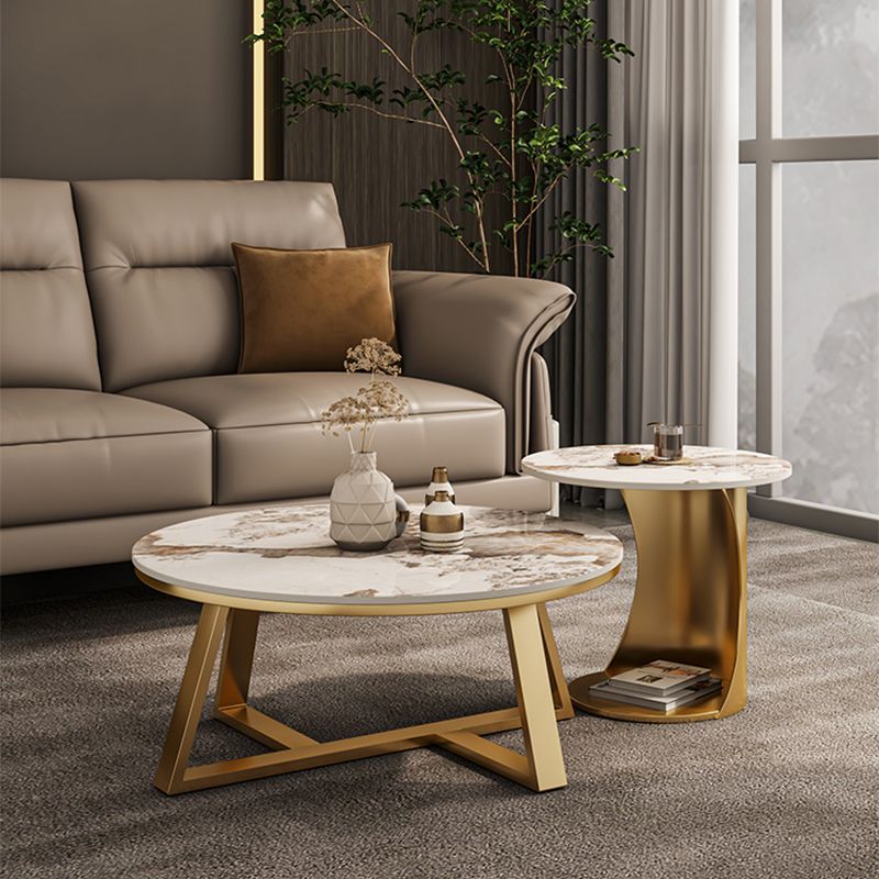 Round Coffee Table Cross Legs Coffee Table Set with Metal Legs