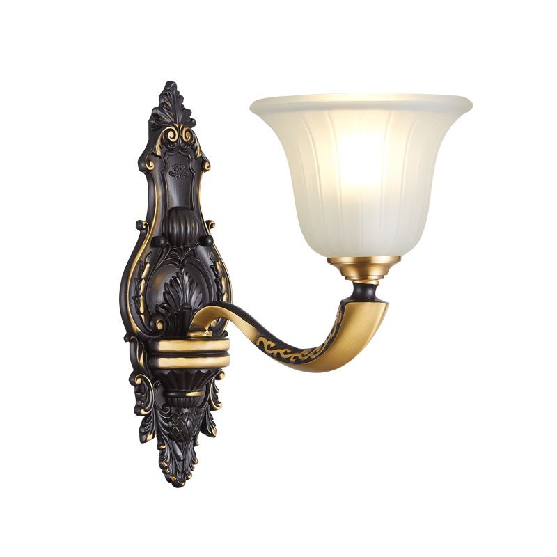 1/2-Bulb Bell Wall Mount Light Vintage Black and Gold Frosted White Glass Sconce for Bedroom