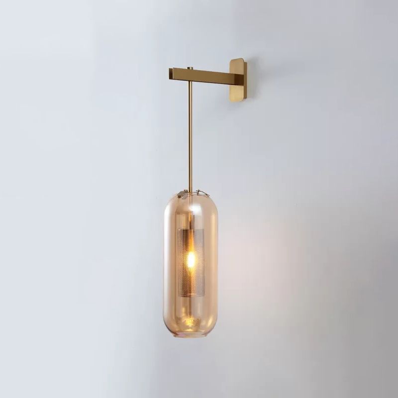 Modern Brass Pencil Arm Wall Sconce with Cylindrical Glass Wall Hanging Lamp Sconce