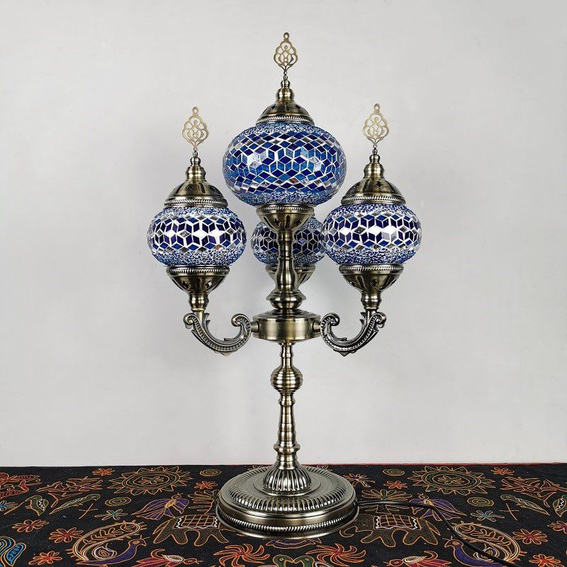 Stained Glass Candelabra Task Lamp Traditional 4 Lights Bedside Nightstand Lamp in Yellow/Orange/Blue