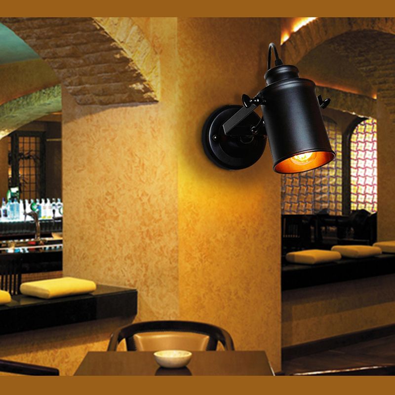 Winkel einstellbarer industrieller Wandlampe 1-Licht Metallzylindrischer Schatten Vintage Leuchten in Schwarz in Schwarz