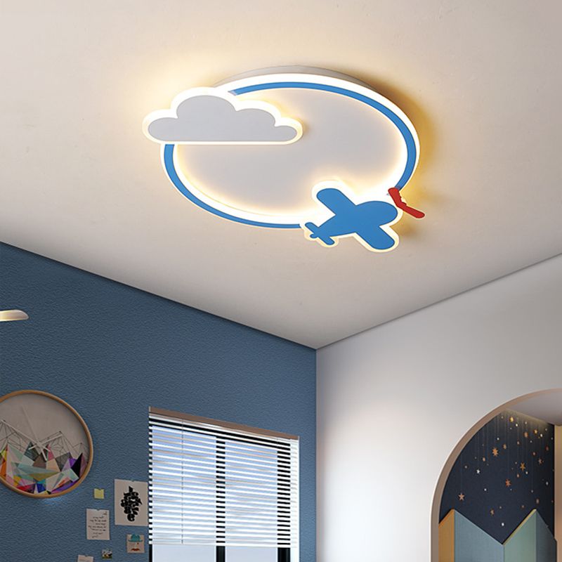 Jardín de infantes plano y en la nube, metal ligero led, fijación de techo integrado para niños, azul y blanco
