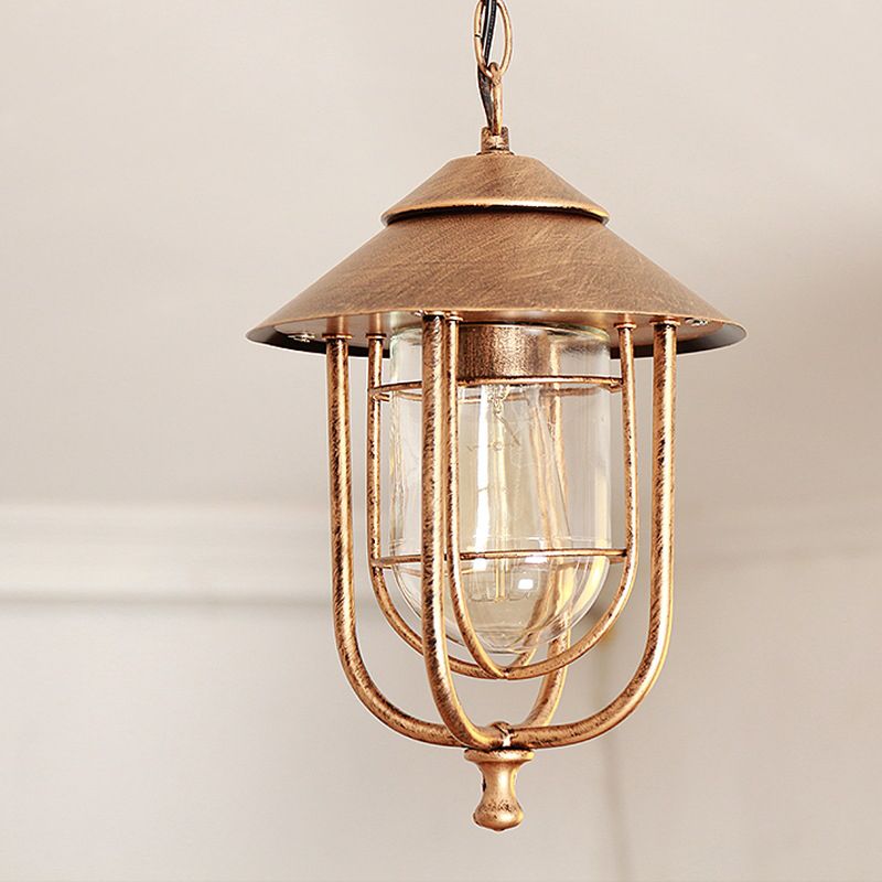 Traditional Cone Ceiling Light Single-Bulb Iron Hanging Pendant Light with Bell Clear Glass Shade for Garden