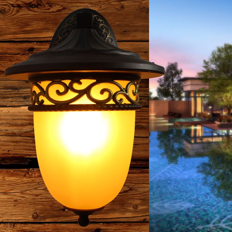 1-Head Wall Mount Light Rustic Elongated Dome Frosted Glass Wall Lamp in Black for Outdoor