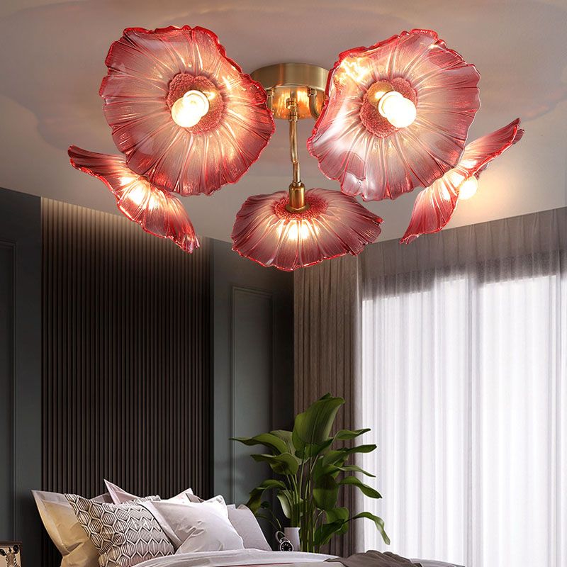 Lámpara de semi rascijada de metal dorado iluminación de techo de flores múltiples modernas con sombra de vidrio