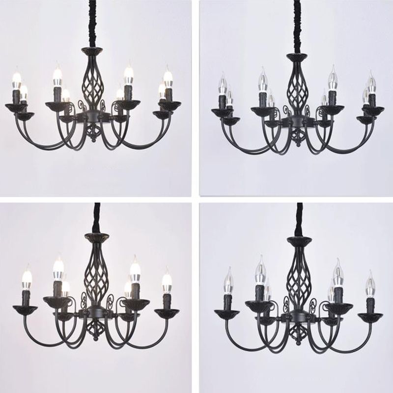 Black/White Swooping Arm Chandelier Lamp Traditional Metal 3/4/5 Lights Living Room Hanging Light