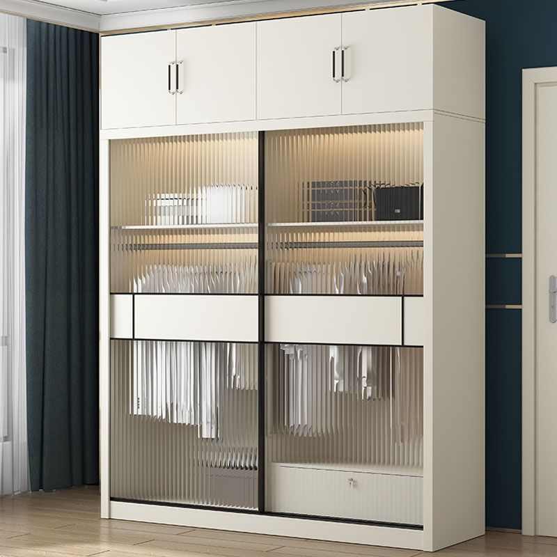 Modern White Wardrobe with Glass Doors Bedroom Cabinet with Sliding Doors