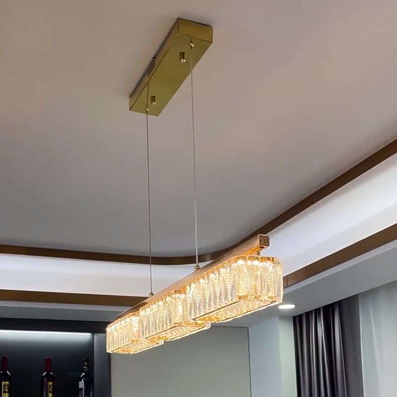 Dining Room Island Pendant Modern Gold Hanging Light with Rectangular Crystal Shade
