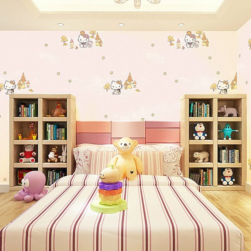 Cartoon Kitten Wallpaper Roll for Kids Room 54.2-sq ft Wall Decor in Pastel Color