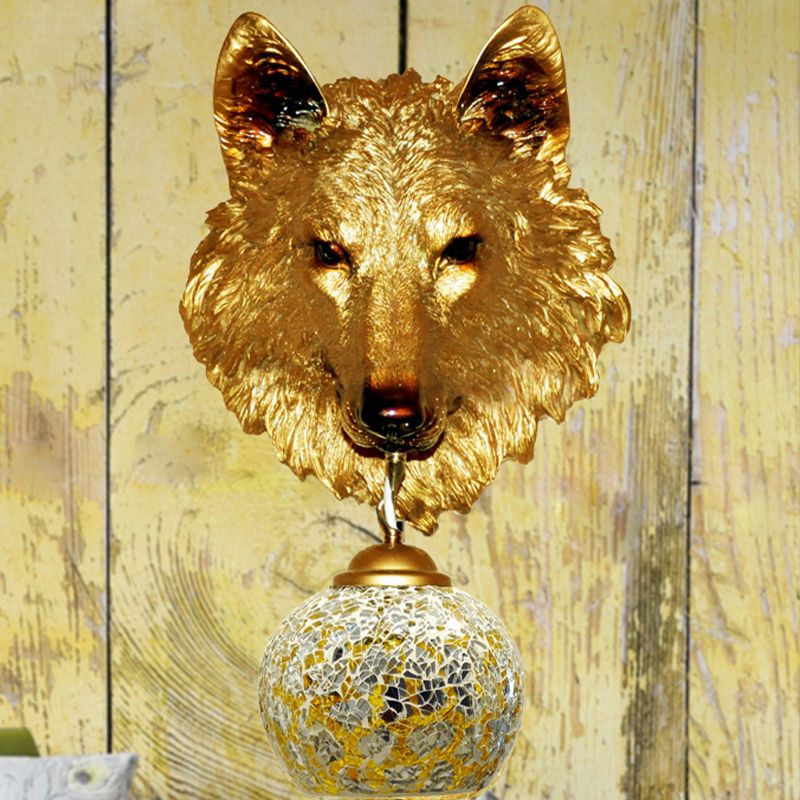Silver/Gold 1 Light Wall Mount Lamp Tiffany Style Hand Cut Glass Wolf Head Sconce for Living Room