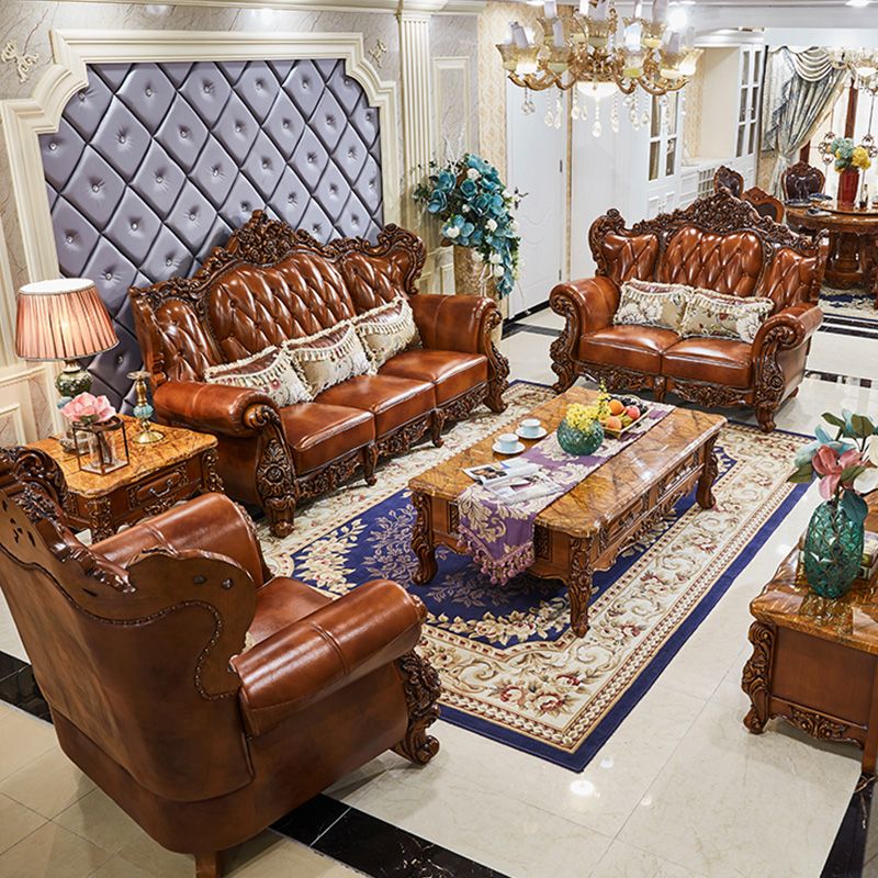Genuine Leather Sofa Brown Tufted Split-Back Rolled Arm Sofa for Living Room