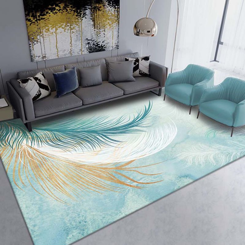 Blue Tone Modern Indoor Rug Polyester Leaves Print Carpet Easy Care Rug for Home Decoration