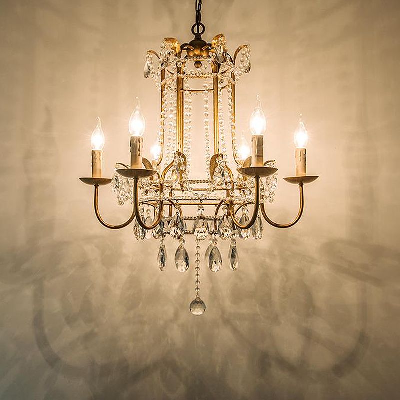Curved Arm Metal Chandelier Lamp Traditionary 6 Heads Brass Hanging Pendant Light with Clear Crystal Drop