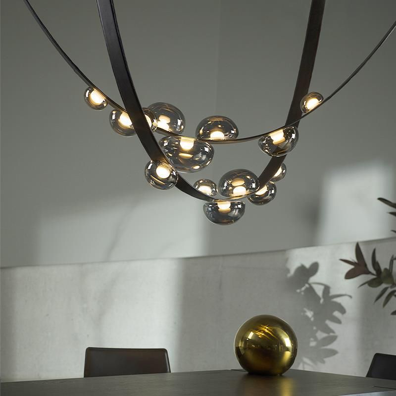 Modern Leather and Glass Hanging Pendant Lights in Black for Dining Room