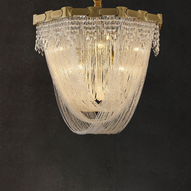 Tassel Chain Chandelier Lighting Metal Triple Light Crystal Shade Foyer Pendant Lamp