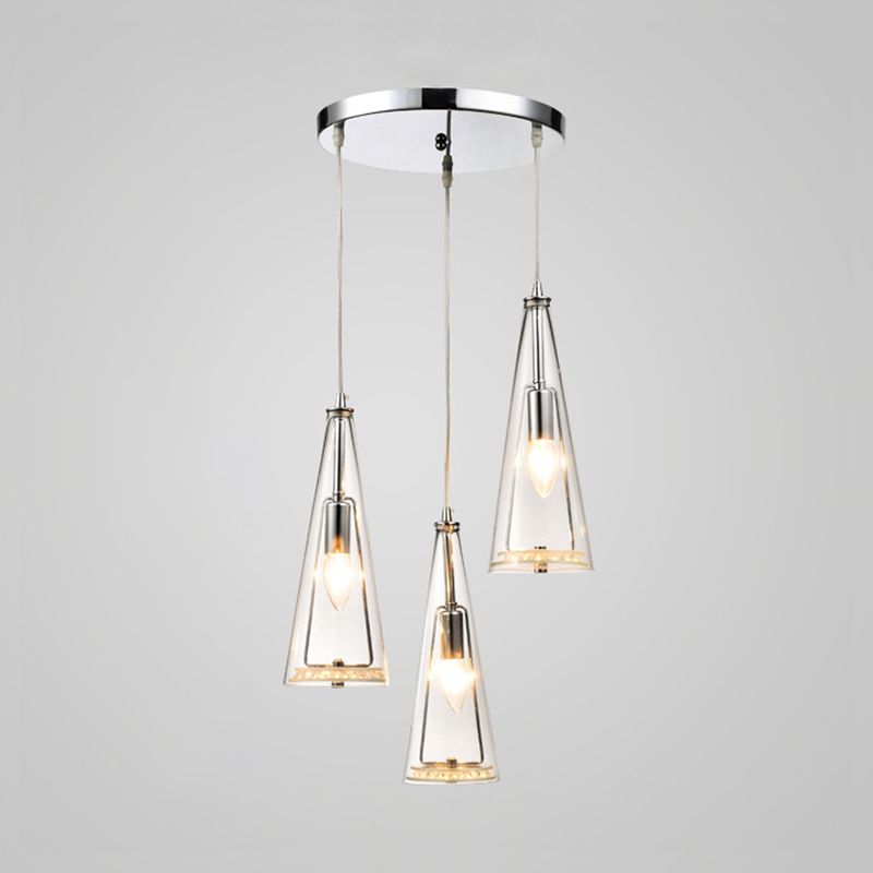 Modern Cone Pendant Lamp Blue/Amber/Clear Glass 3 Lights Hanging Ceiling Light in Chrome with Round/Linear Canopy