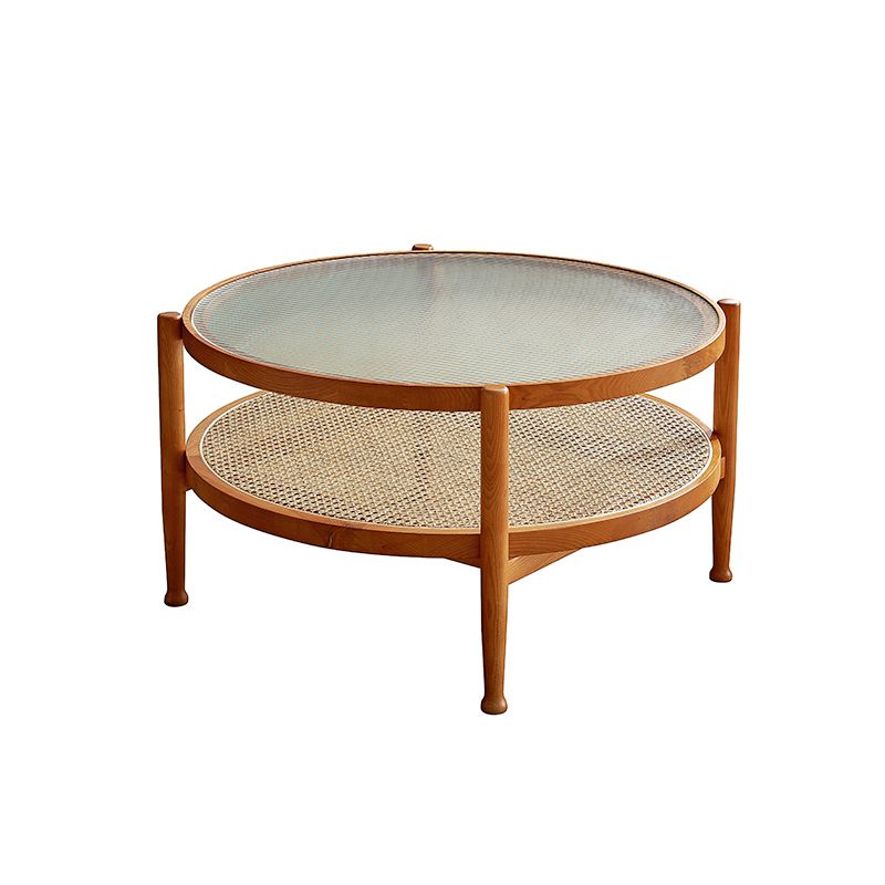 Modern Wood 4 Legs 1 Coffee Table with Shelf Round Glass Table
