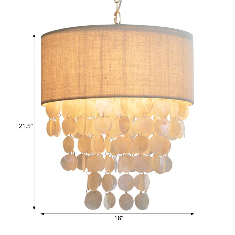 Tassel Shell Hanging Chandelier Retro 3 Heads White Ceiling Pendant Light with Drum Fabric Shade for Living Room