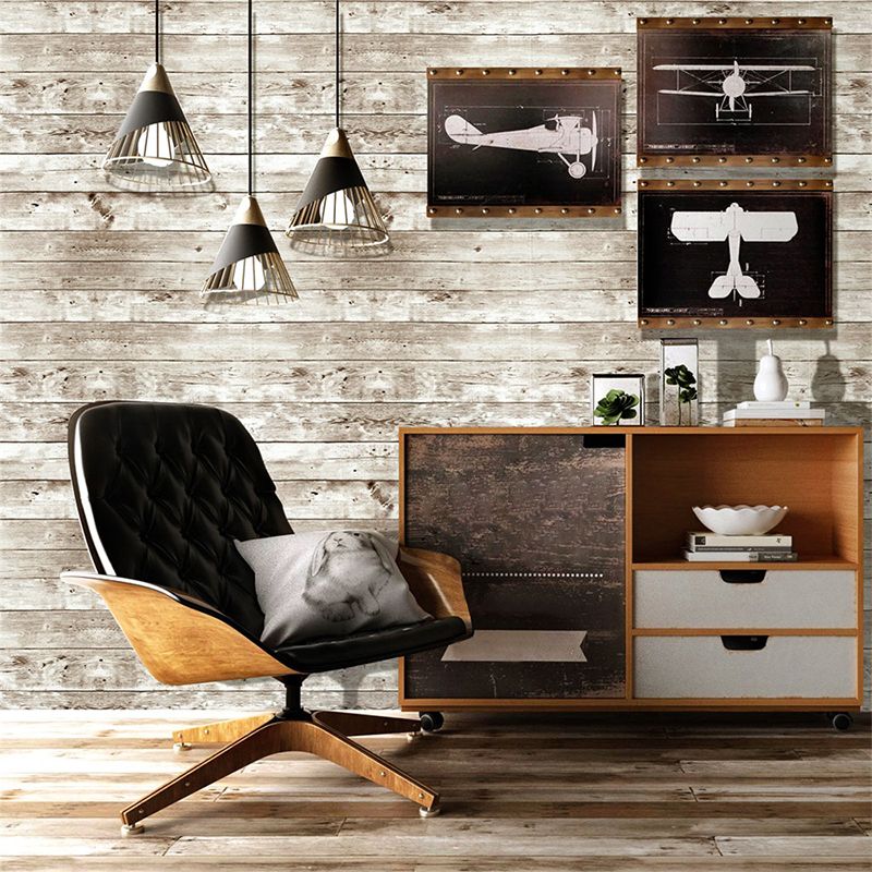 PVC Self-Stick Wallpaper Roll Cottage Aged Wood Wall Art in Brown for Living Room