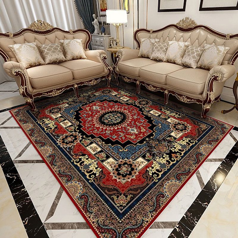 Moroccan Polyester Rug Retro Medallion Print Carpet Stain Resistant Area Carpet for Home Decor