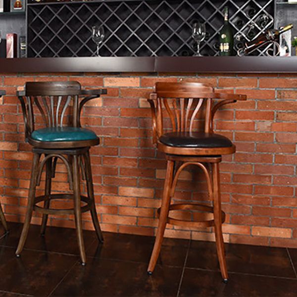 Contemporary Round Wood Bar Stool Arm Low Back Counter Stool