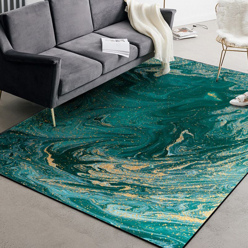 Green and Golden Contemporary Rug Polyester Watercolor Pattern Rug Washable Non-Slip Backing Carpet for Living Room