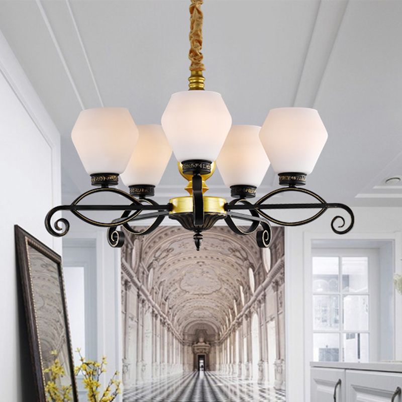 Lampone di vetro opale di 5 teste Light Antique Black Exagon soggiorno lampada sospesa