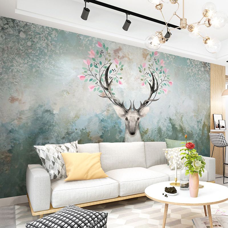Aesthetic Deer and Forest Mural in Dark Green Living Room Wall Art, Personalized Size Available