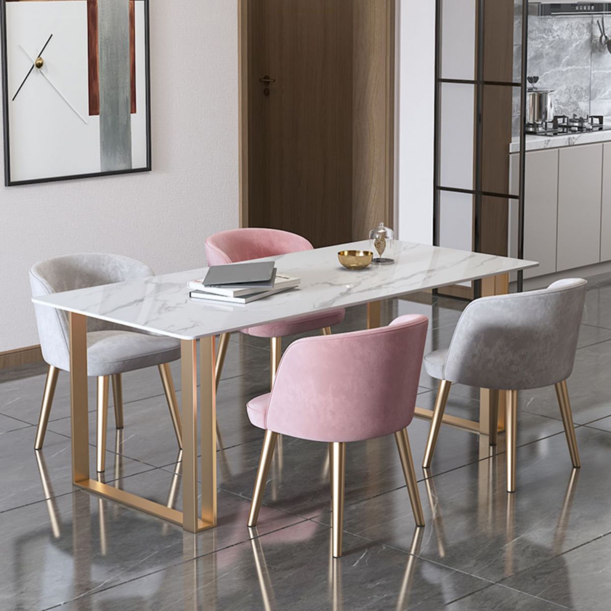 Traditionele luxe rechthoekige eettafel gesinterde stenen eettafel met dubbele voetstuk