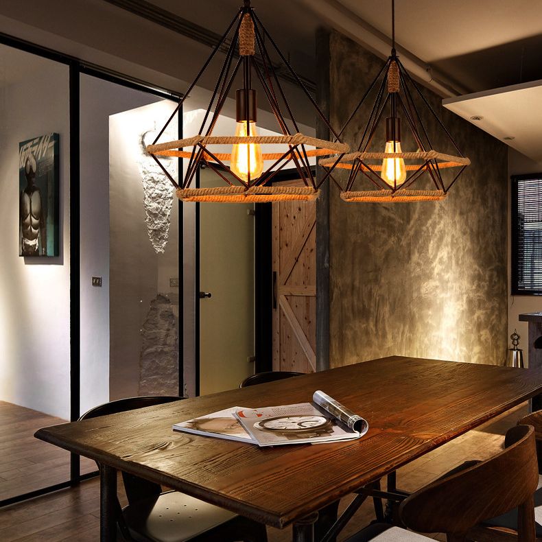 Diamond Cage Rope Ceiling Pendant Light Vintage Style Restaurant Pendant Ceiling Light in Beige